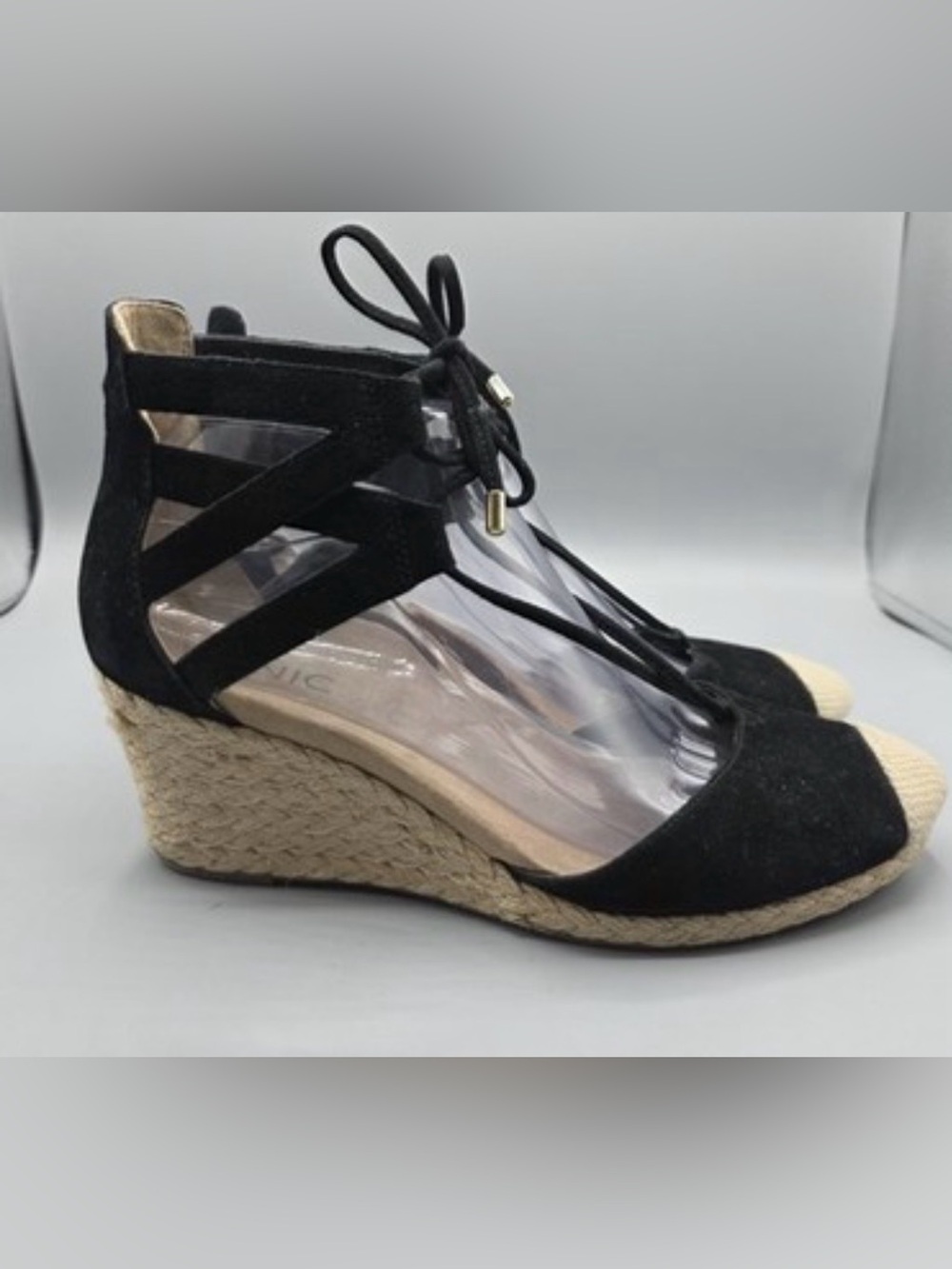 Vionic Black Lace-Up Espadrille Wedge Sandals